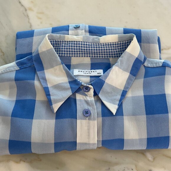 EQUIPMENT BLUE WHITE CHECKERED SILK SHIRT SIZE MEDIUM - Picture 17 of 17